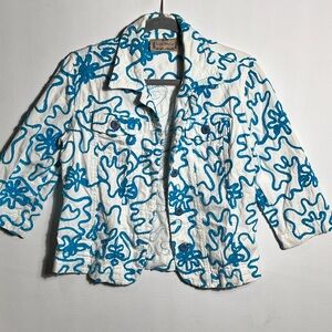 New Life Style Jacket Teal and White Sleeve Button Small